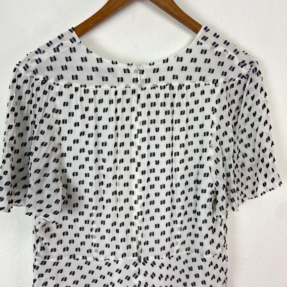 Lewit Clipped Dot Blouse Size M White Black Silk Cotton Crepe Flutter Sleeve Top - Picture 5 of 12